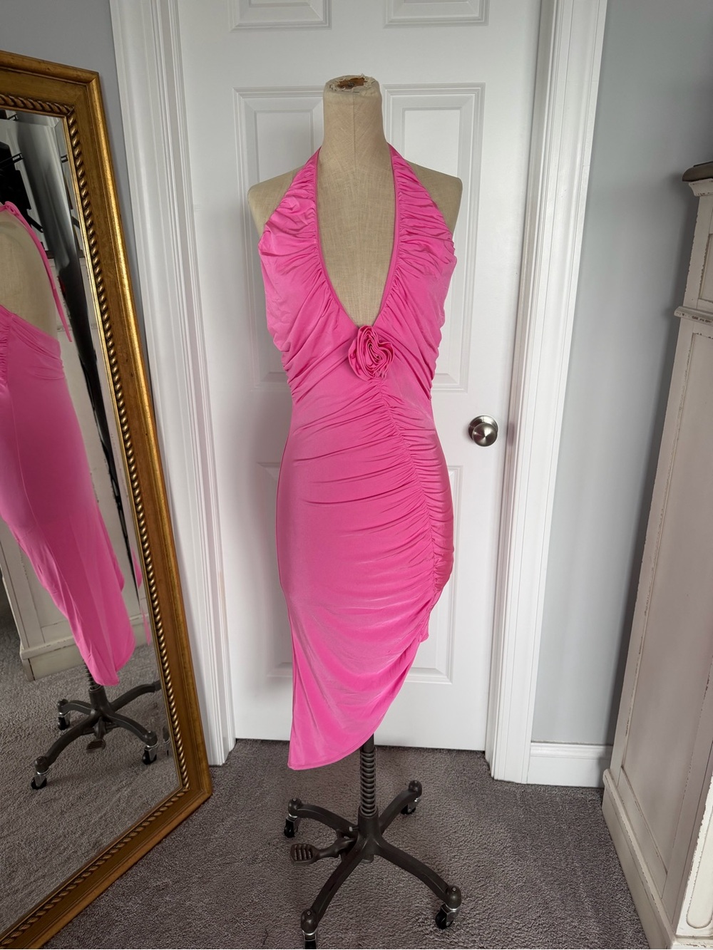 Pink Halter Ruched Midi Dress with Floral Detail